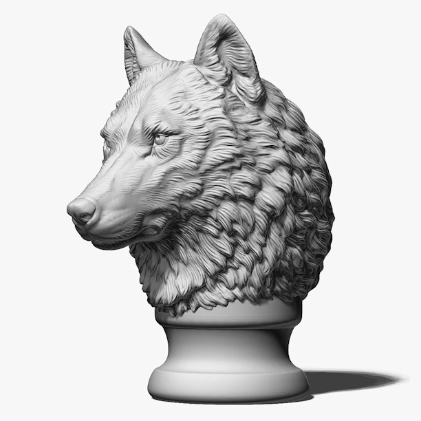 A bust of the 3D designed wolf head